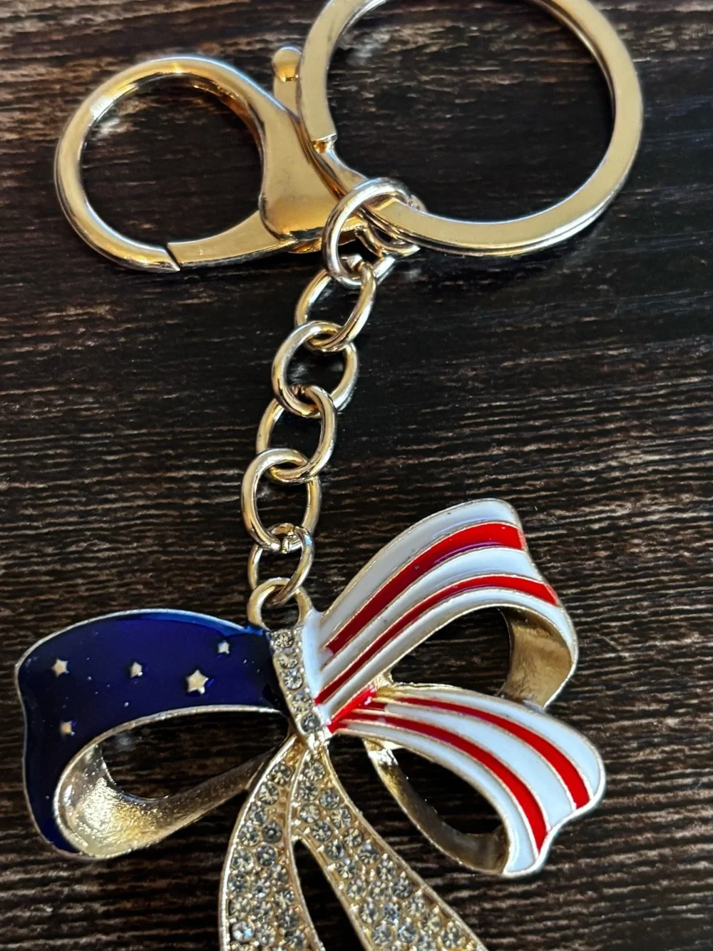 Patriotic Bow Keychain with Red, White & Blue Enamel in Gold‎ Tone
